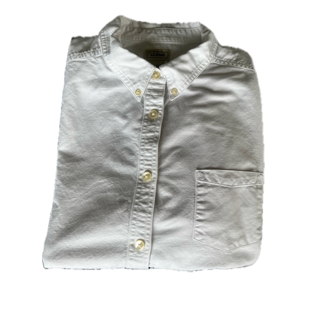 LL Bean Women Sz L White 100% Cotton Button Down 3/4 Sleeve Shirt Prep Academia